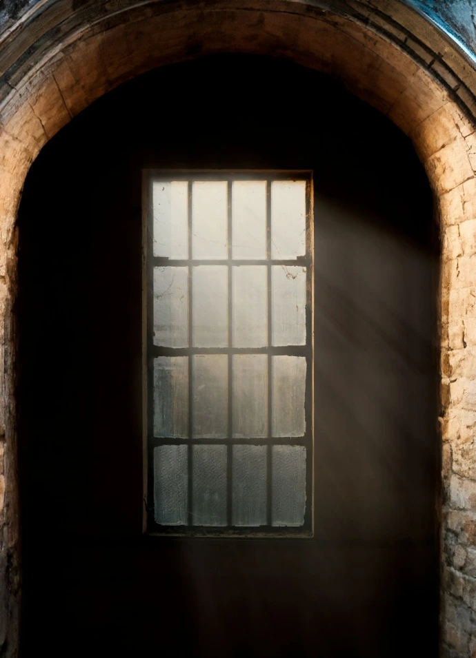a window in a brick wall with a light coming through it